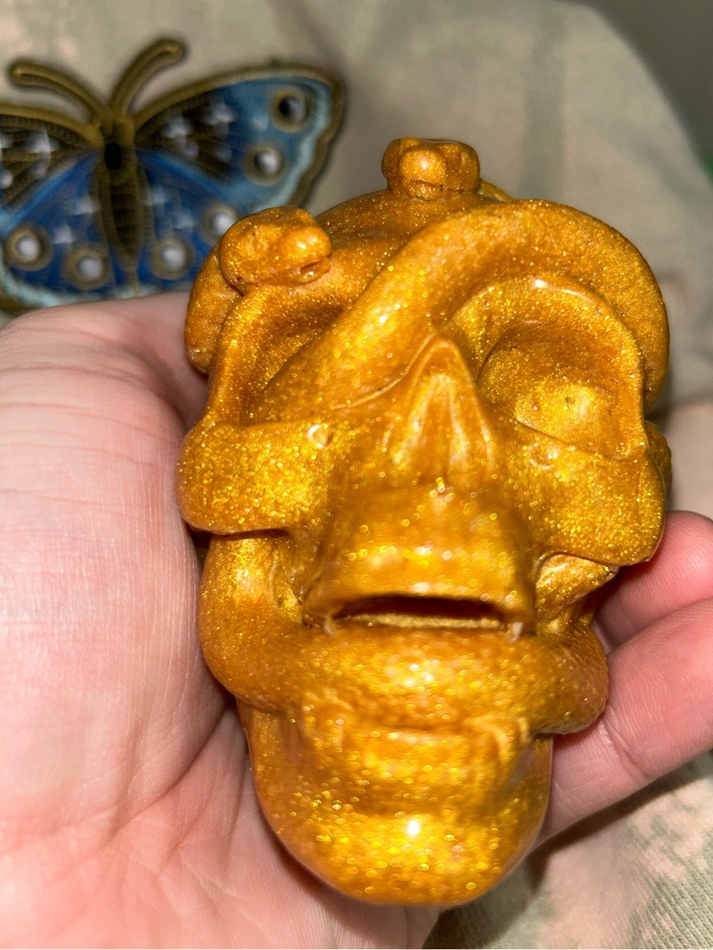 Shiny Gold Colored Hand Crafted Resin Serpent Skull Goth Witchy Table Decor